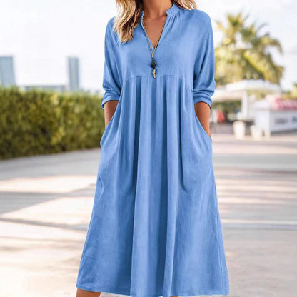 Robe midi empire à col en V et poches pour femme