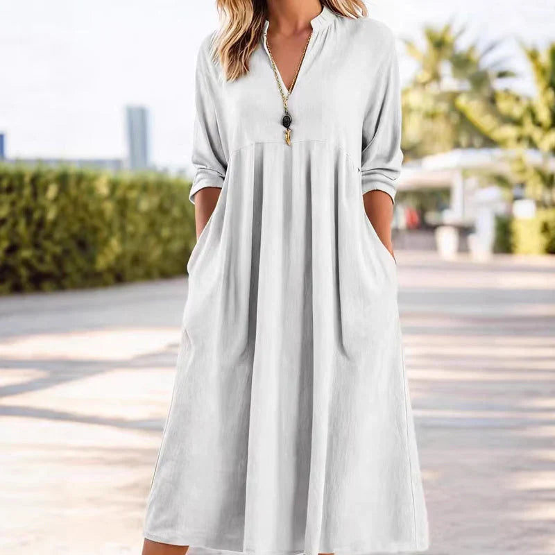 Robe midi empire à col en V et poches pour femme
