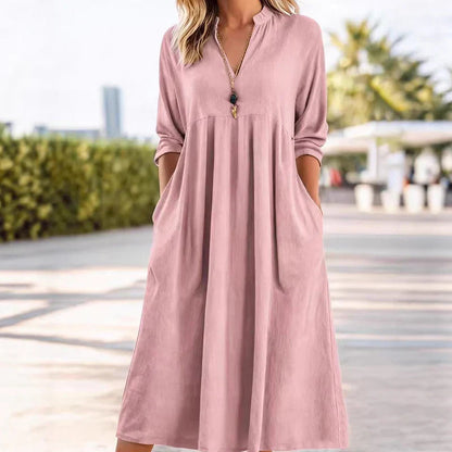 Robe midi empire à col en V et poches pour femme