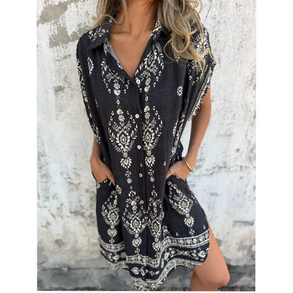 Robe courte imprimée à col en V et manches courtes avec poches pour femme