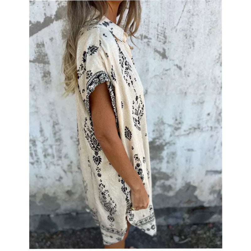 Robe courte imprimée à col en V et manches courtes avec poches pour femme