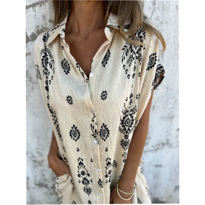 Robe courte imprimée à col en V et manches courtes avec poches pour femme