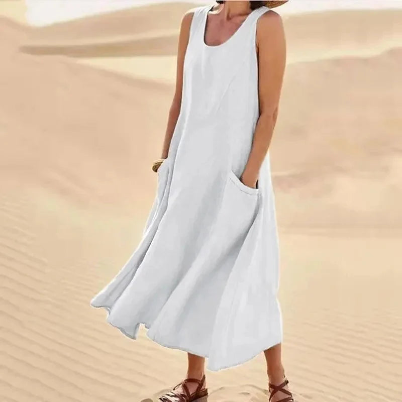 Robe d'été maxi à col rond et poches pour femme