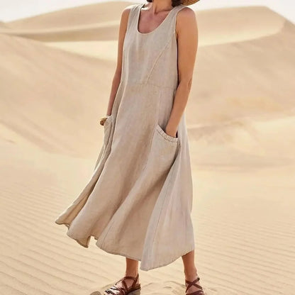 Robe d'été maxi à col rond et poches pour femme