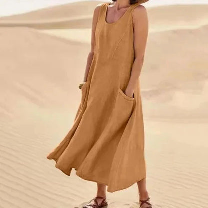 Robe d'été maxi à col rond et poches pour femme