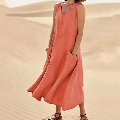 Robe d'été maxi à col rond et poches pour femme