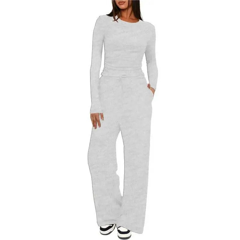 Ensemble de détente pour femme, haut à manches longues doux au toucher et pantalon à jambes larges