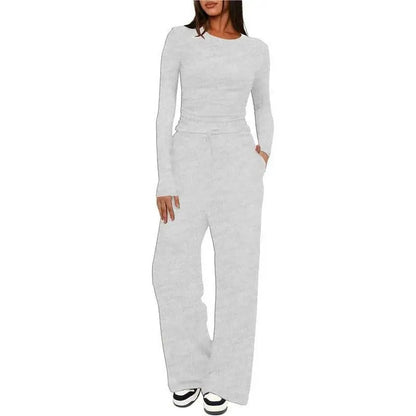 Ensemble de détente pour femme, haut à manches longues doux au toucher et pantalon à jambes larges