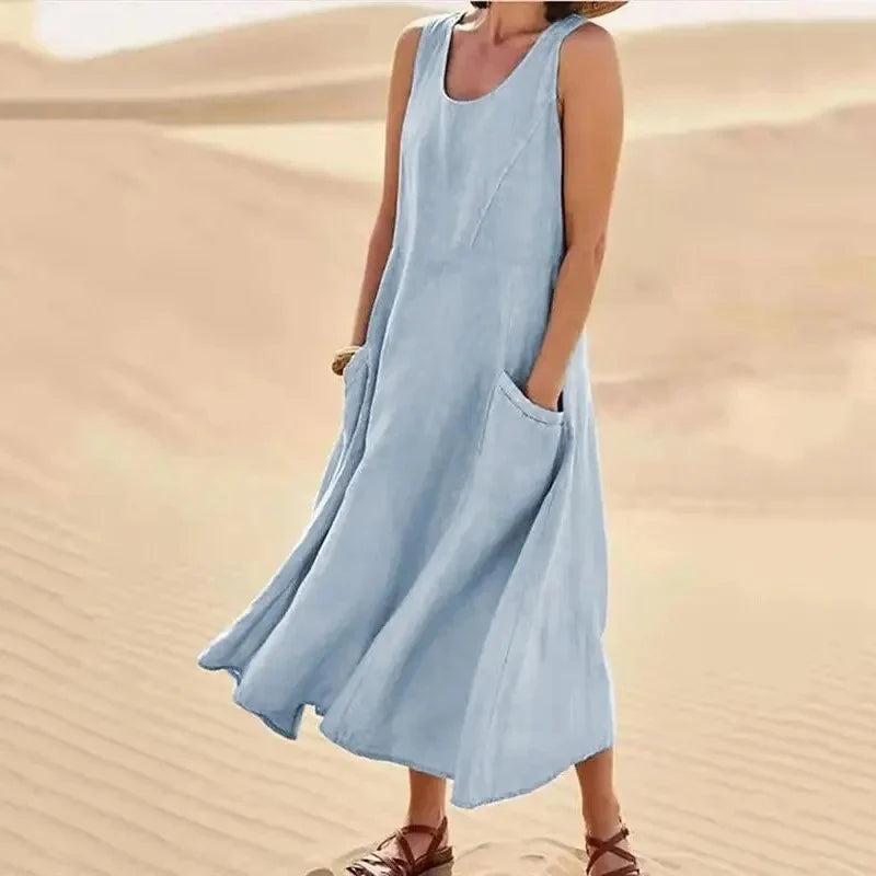 Robe d'été maxi à col rond et poches pour femme