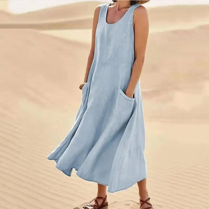 Robe d'été maxi à col rond et poches pour femme
