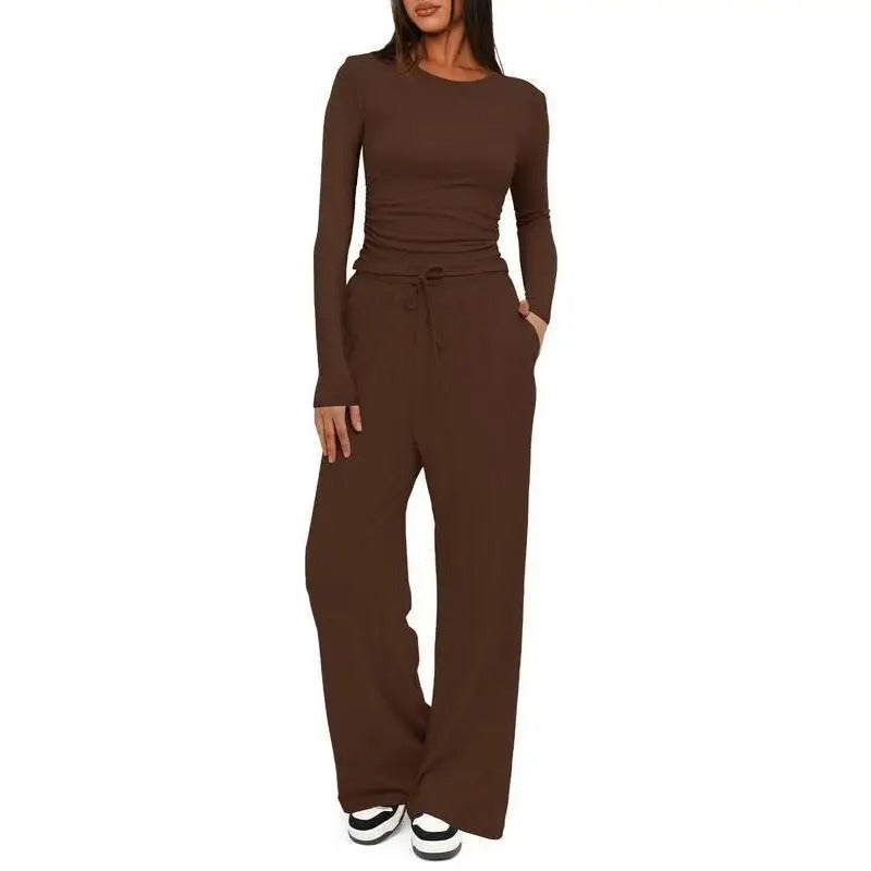 Ensemble de détente pour femme, haut à manches longues doux au toucher et pantalon à jambes larges