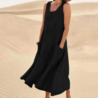 Robe d'été maxi à col rond et poches pour femme