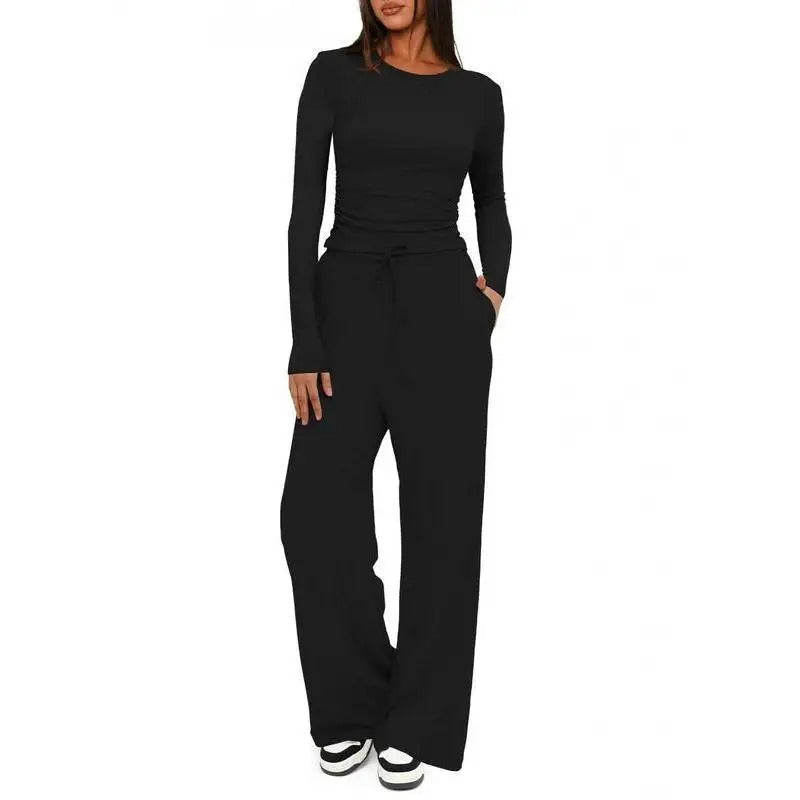 Ensemble de détente pour femme, haut à manches longues doux au toucher et pantalon à jambes larges