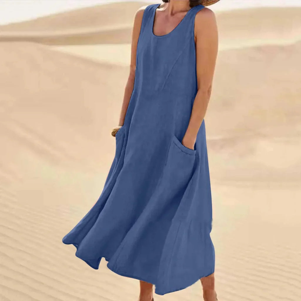 Robe d'été maxi à col rond et poches pour femme