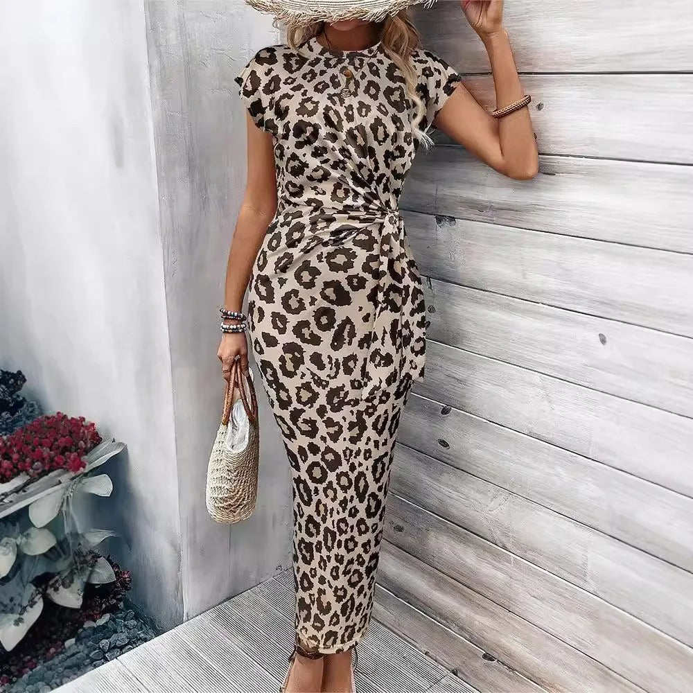 Robe midi imprimée à nœud à la taille pour femme