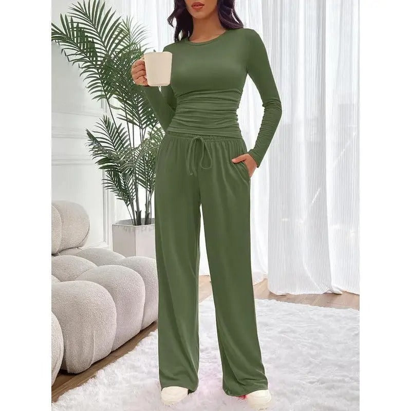 Ensemble de détente pour femme, haut à manches longues doux au toucher et pantalon à jambes larges