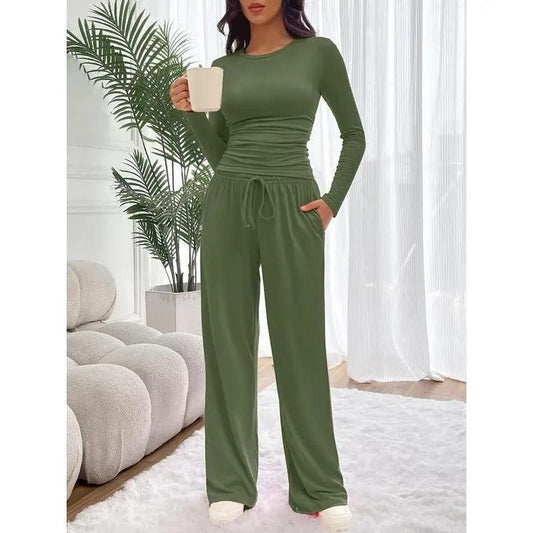 Ensemble de détente pour femme, haut à manches longues doux au toucher et pantalon à jambes larges