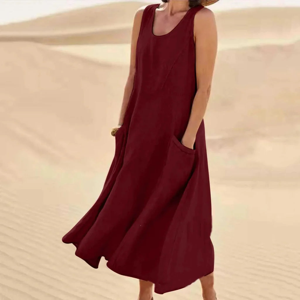 Robe d'été maxi à col rond et poches pour femme