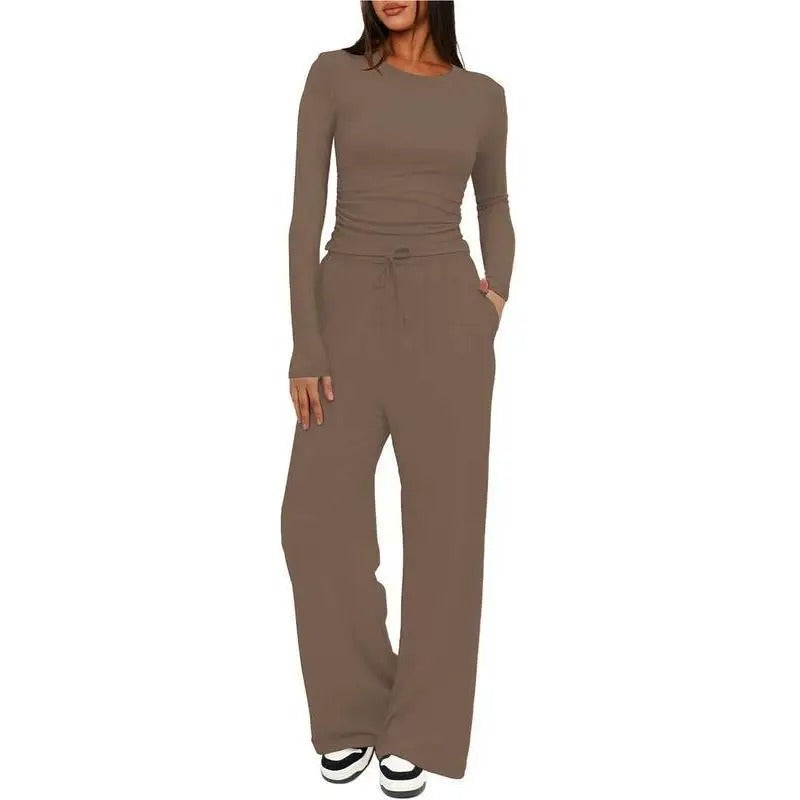 Ensemble de détente pour femme, haut à manches longues doux au toucher et pantalon à jambes larges