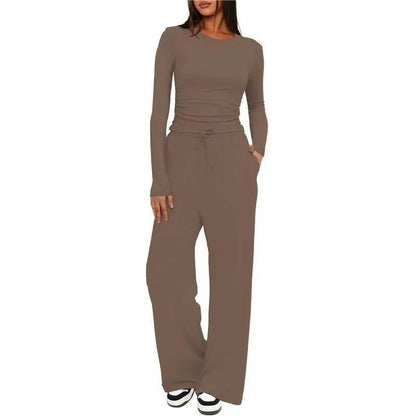Ensemble de détente pour femme, haut à manches longues doux au toucher et pantalon à jambes larges