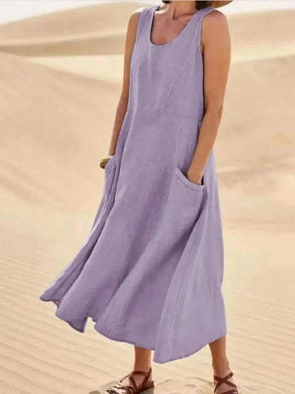 Robe d'été maxi à col rond et poches pour femme