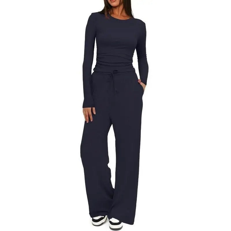 Ensemble de détente pour femme, haut à manches longues doux au toucher et pantalon à jambes larges