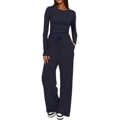 Ensemble de détente pour femme, haut à manches longues doux au toucher et pantalon à jambes larges