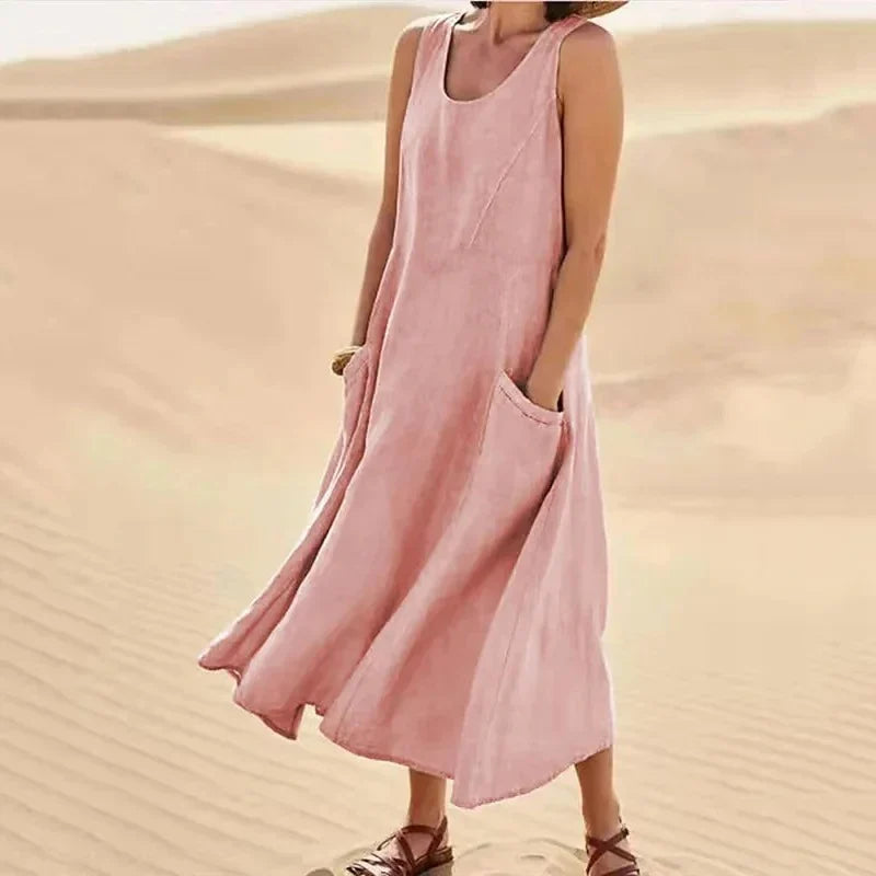 Robe d'été maxi à col rond et poches pour femme