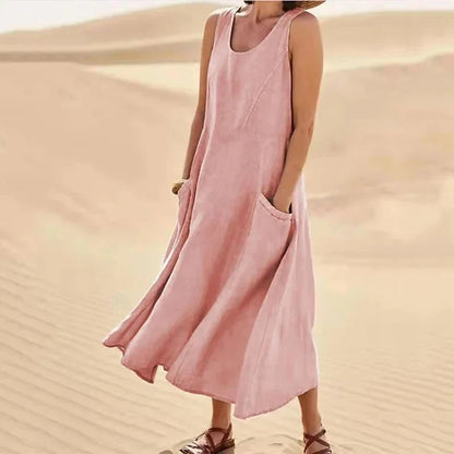 Robe d'été maxi à col rond et poches pour femme
