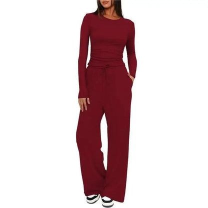 Ensemble de détente pour femme, haut à manches longues doux au toucher et pantalon à jambes larges