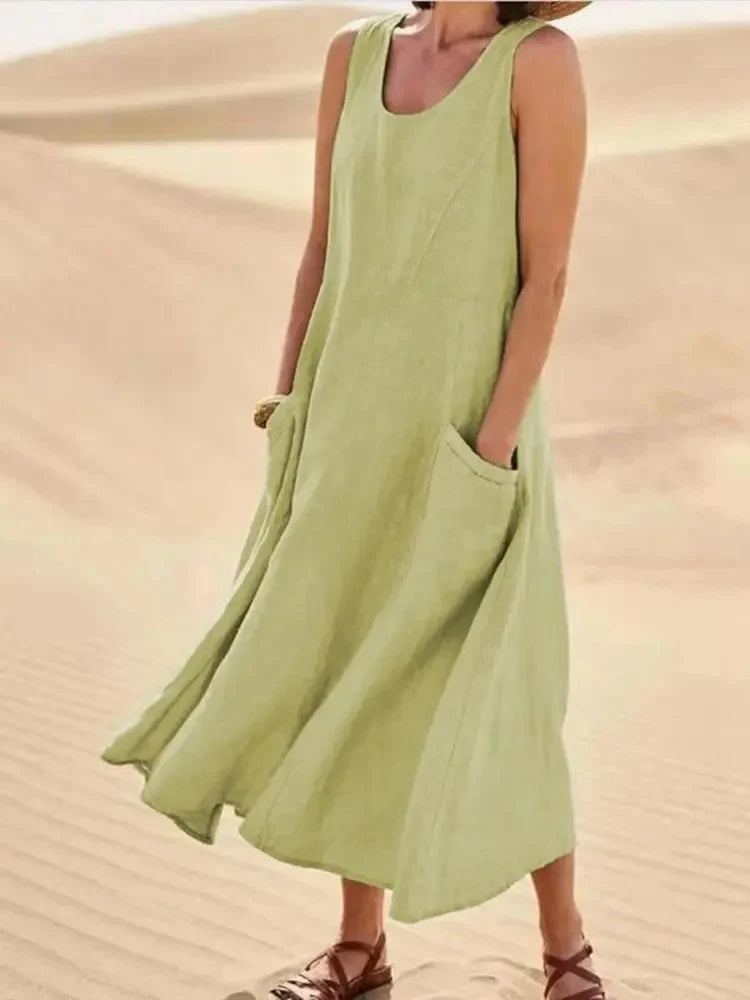 Robe d'été maxi à col rond et poches pour femme