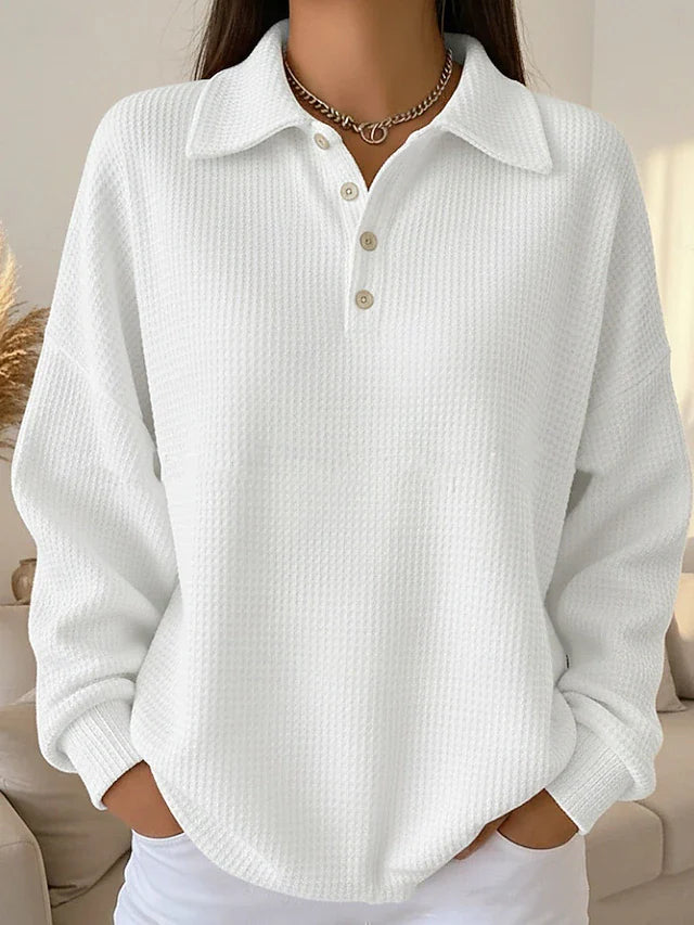 Sweat-shirt polo décontracté à boutons en maille gaufrée pour femme