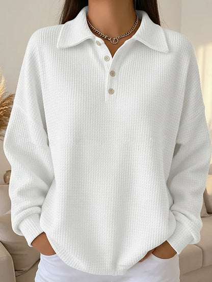 Sweat-shirt polo décontracté à boutons en maille gaufrée pour femme