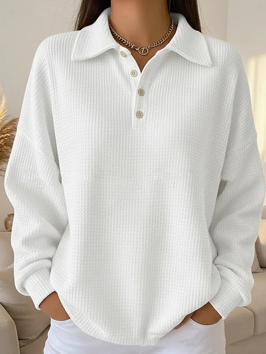 Sweat-shirt polo décontracté à boutons en maille gaufrée pour femme