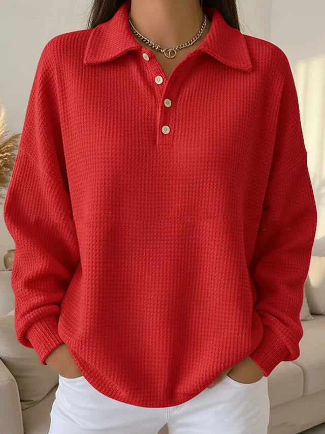 Sweat-shirt polo décontracté à boutons en maille gaufrée pour femme
